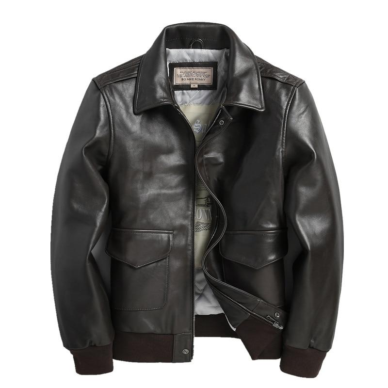 Dark Brown Men Pilot Leather Jacket Genuine Sheepskin